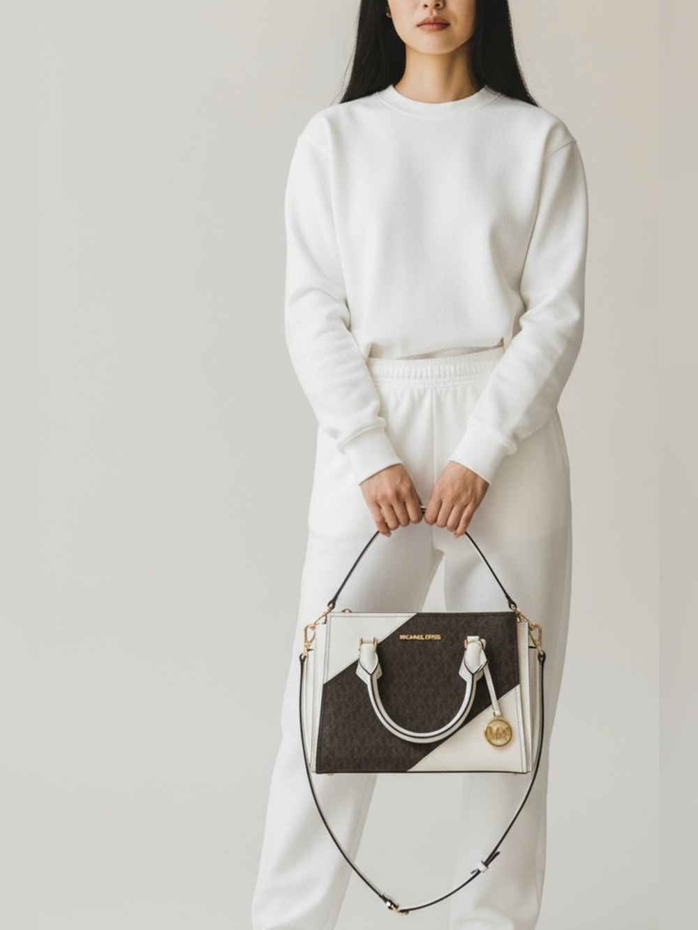 Michael Kors Brown and White Satchel with Gold Hardware